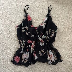 Floral Black Spaghetti-Strap Wrap Tank Top
